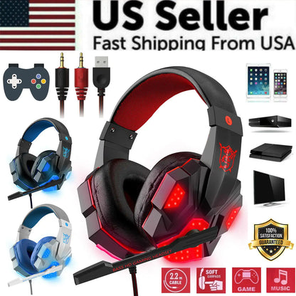 Auriculares para juegos de 3,5 mm con micrófono y LED, estéreo, graves envolventes, para PC, PS4 y Xbox One 