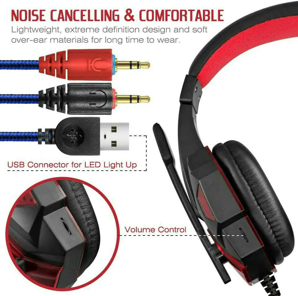 Auriculares para juegos de 3,5 mm con micrófono y LED, estéreo, graves envolventes, para PC, PS4 y Xbox One 